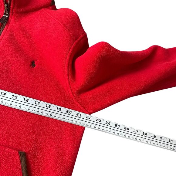 Vintage Polo Ralph Lauren Fleece Jacket Men’s Large Red Full Zip Suede Trimmed - Picture 9 of 11